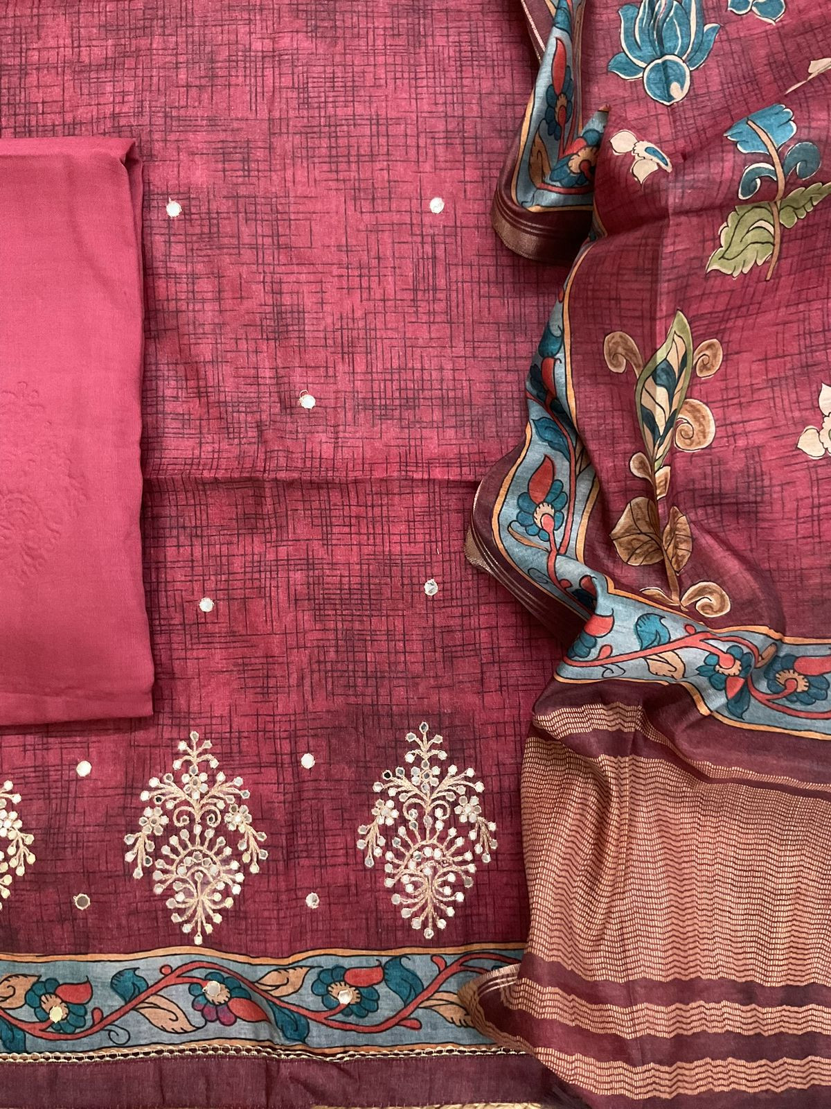 Soft Semi Tussar Silk Printed Embroidered Suit - Maroon