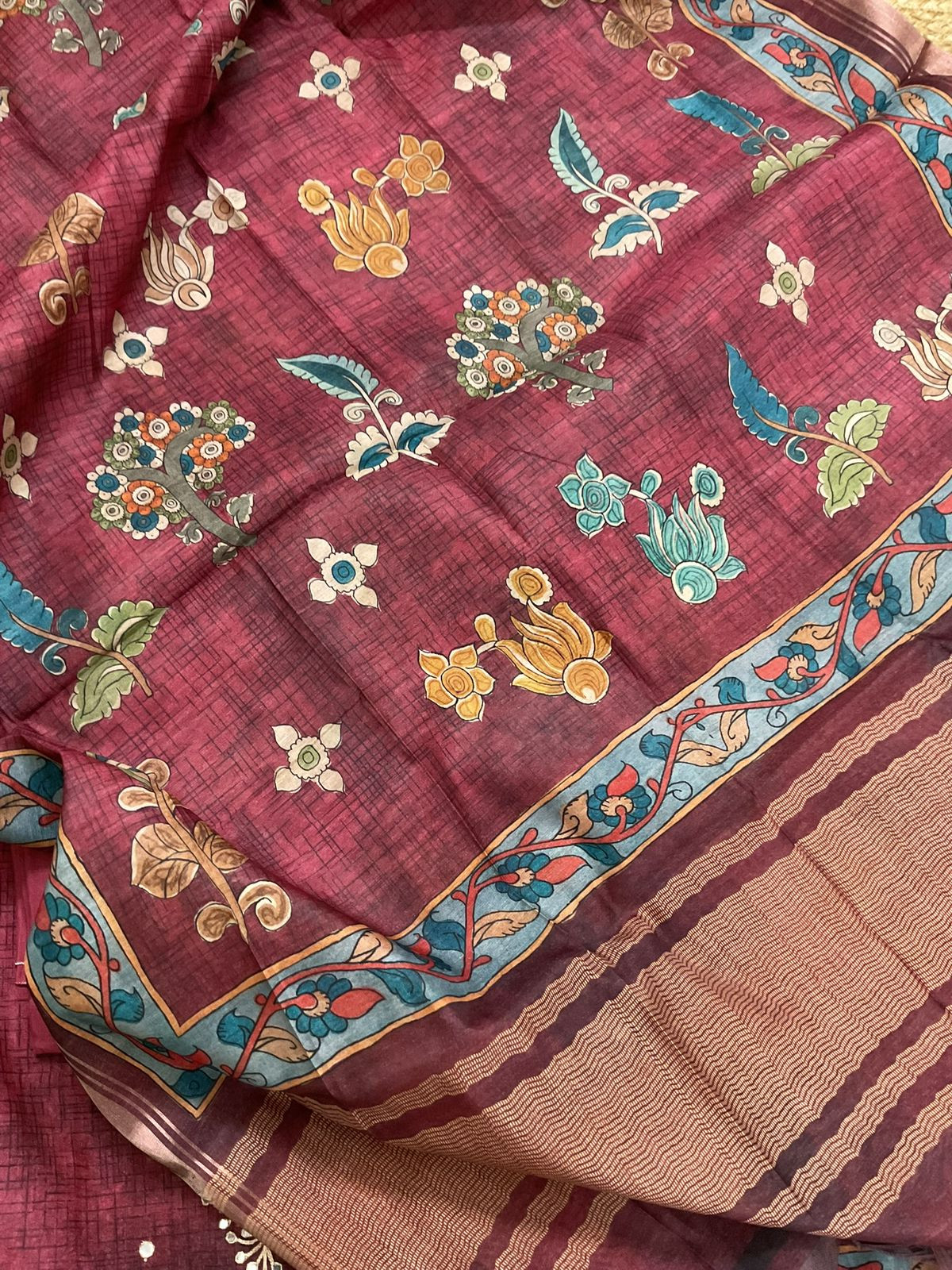 Soft Semi Tussar Silk Printed Embroidered Suit - Maroon