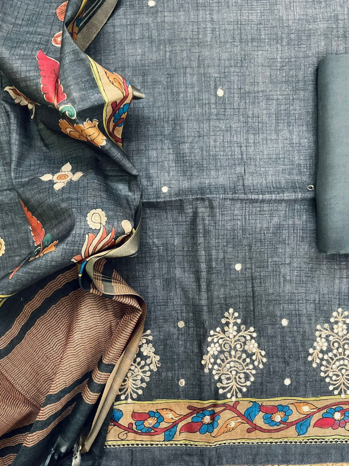 Soft Semi Tussar Silk Printed Embroidered Suit - Grey