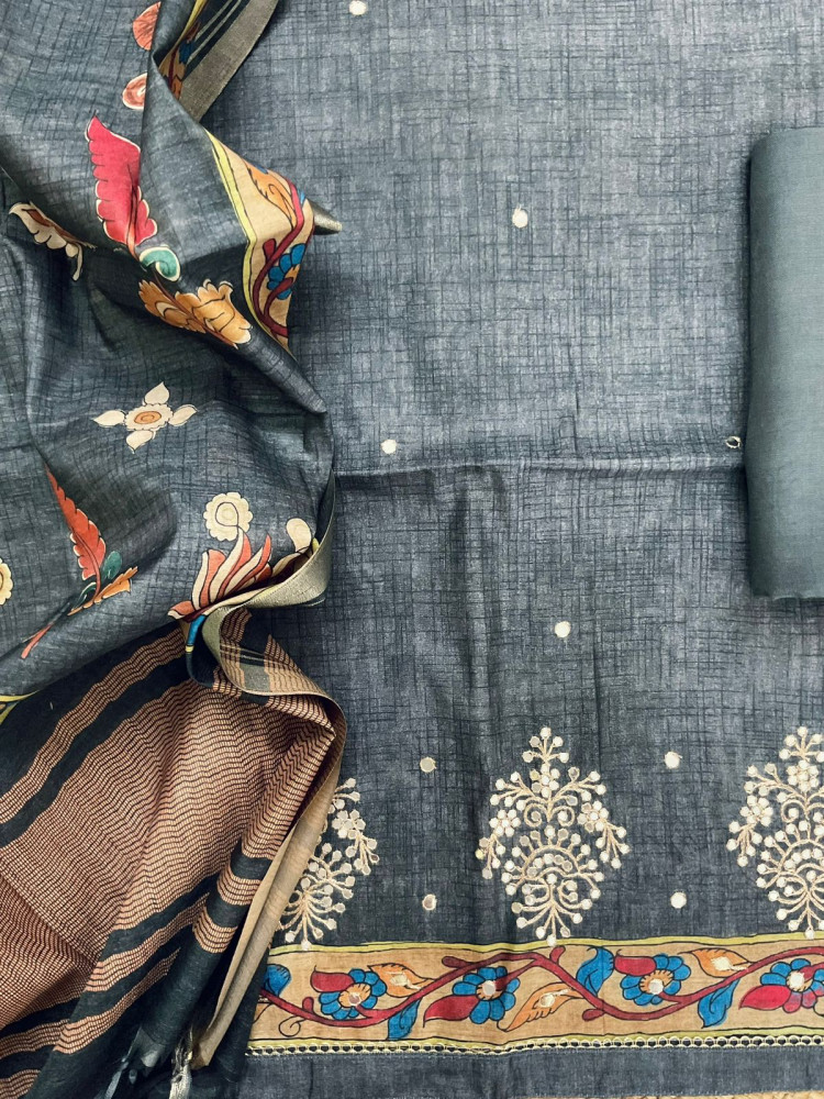 Image of Soft Semi Tussar Silk Printed Embroidered Suit - Grey