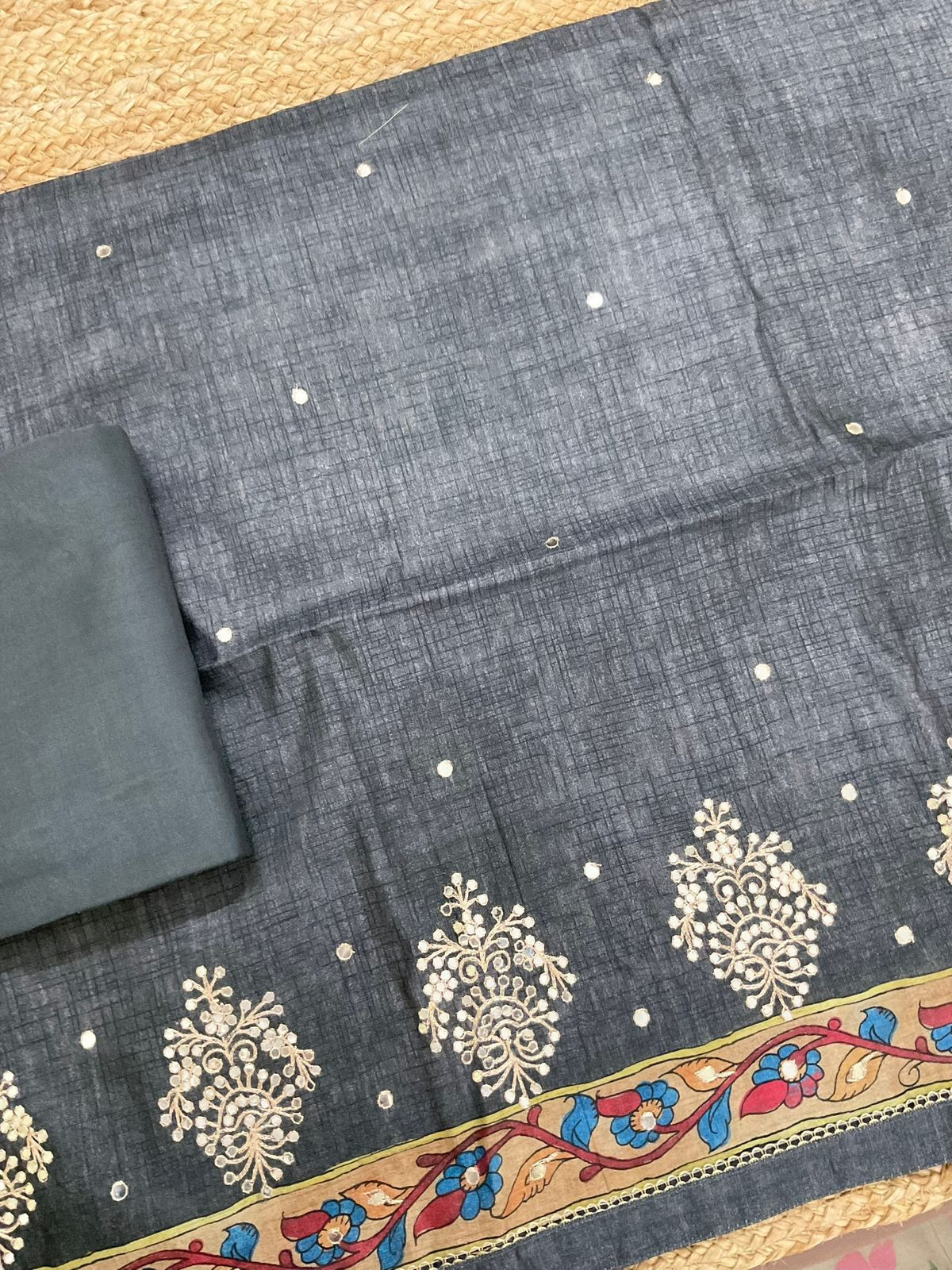 Soft Semi Tussar Silk Printed Embroidered Suit - Grey