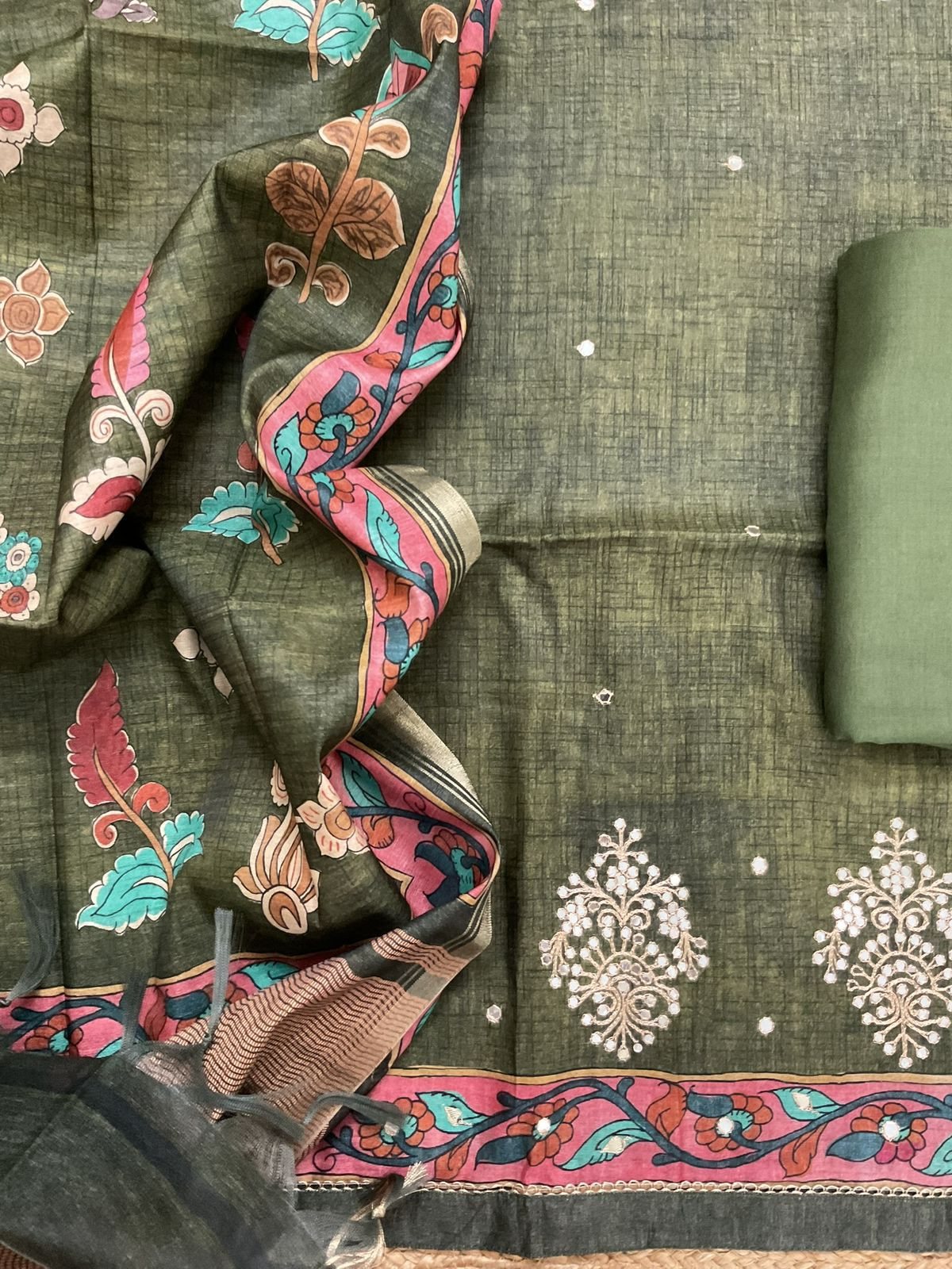 Soft Semi Tussar Silk Printed Embroidered Suit - Green