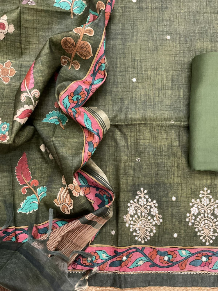 Image of Soft Semi Tussar Silk Printed Embroidered Suit - Green