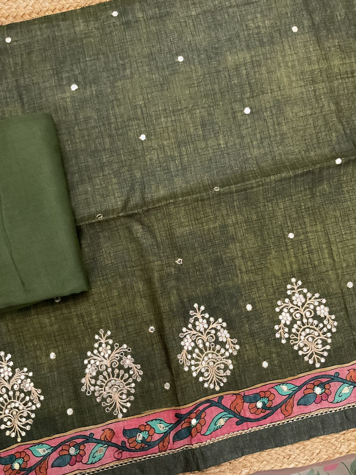 Soft Semi Tussar Silk Printed Embroidered Suit - Green