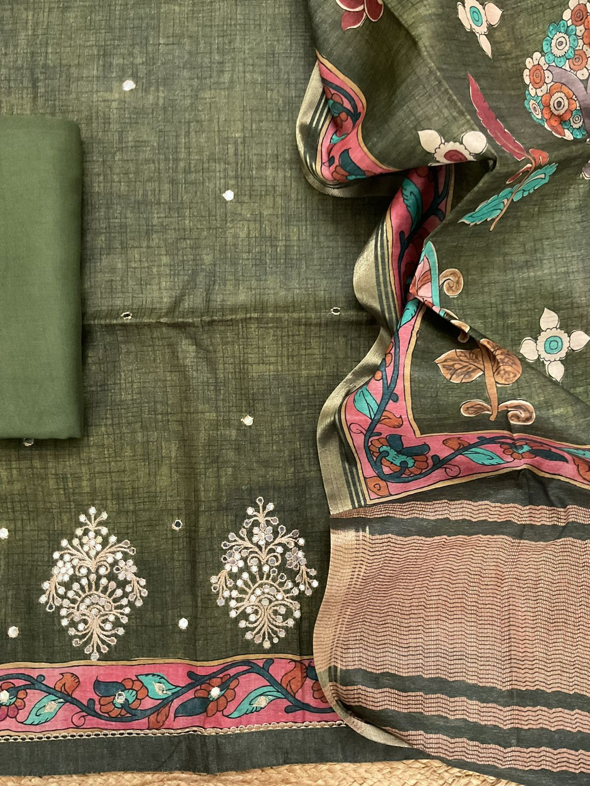 Soft Semi Tussar Silk Printed Embroidered Suit - Green