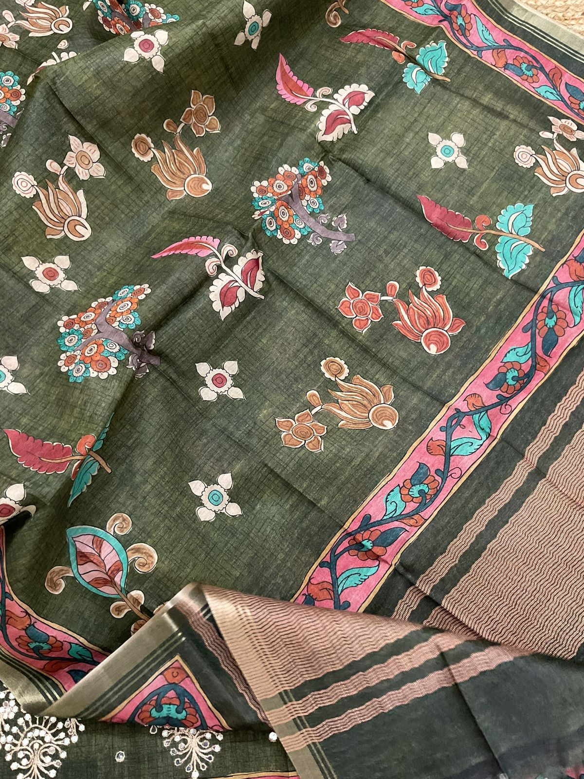 Soft Semi Tussar Silk Printed Embroidered Suit - Green