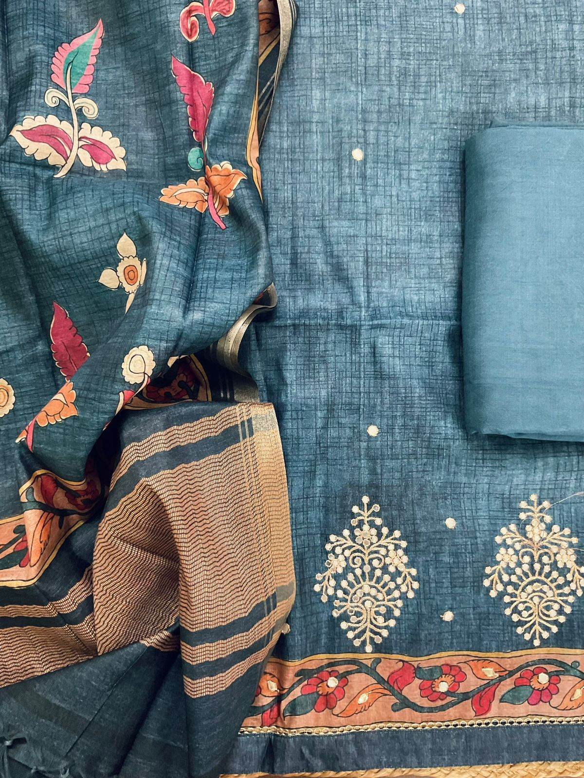 Soft Semi Tussar Silk Printed Embroidered Suit - Blue