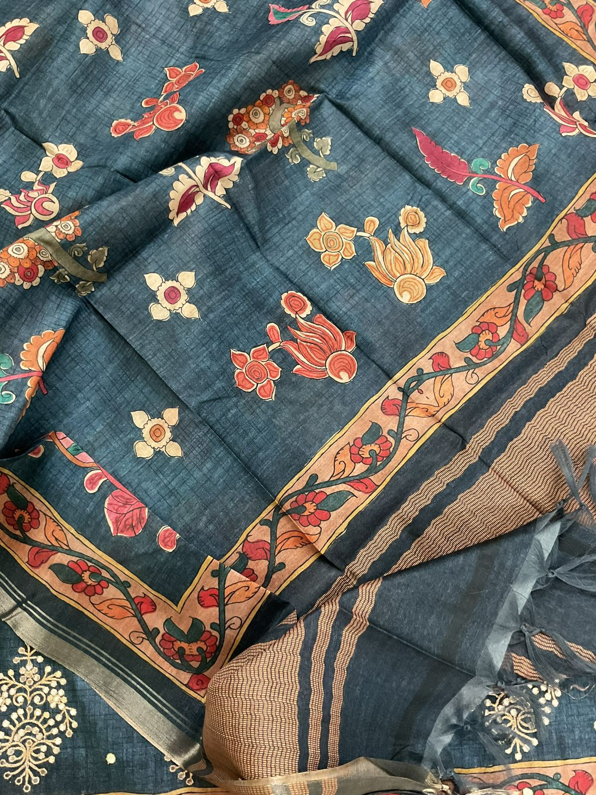 Soft Semi Tussar Silk Printed Embroidered Suit - Blue