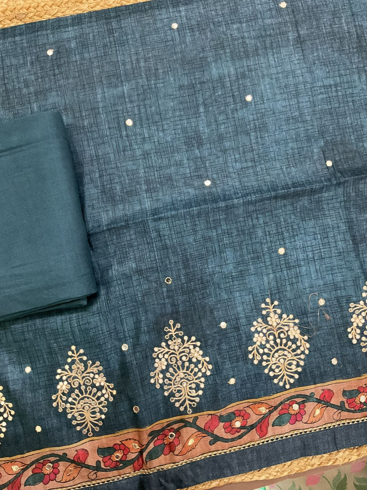 Soft Semi Tussar Silk Printed Embroidered Suit - Blue