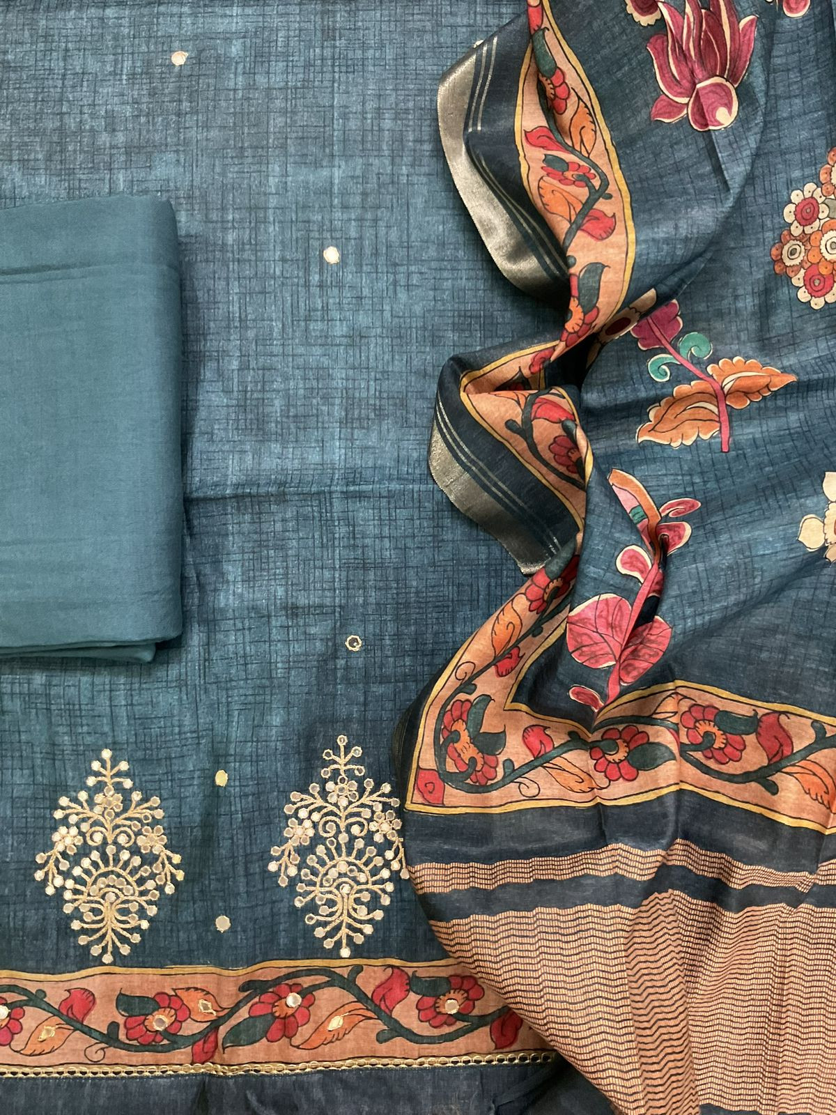 Soft Semi Tussar Silk Printed Embroidered Suit - Blue