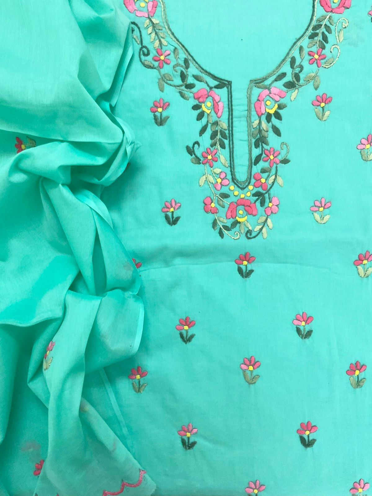 Pure Cotton Embroidered Suit - Sea Green