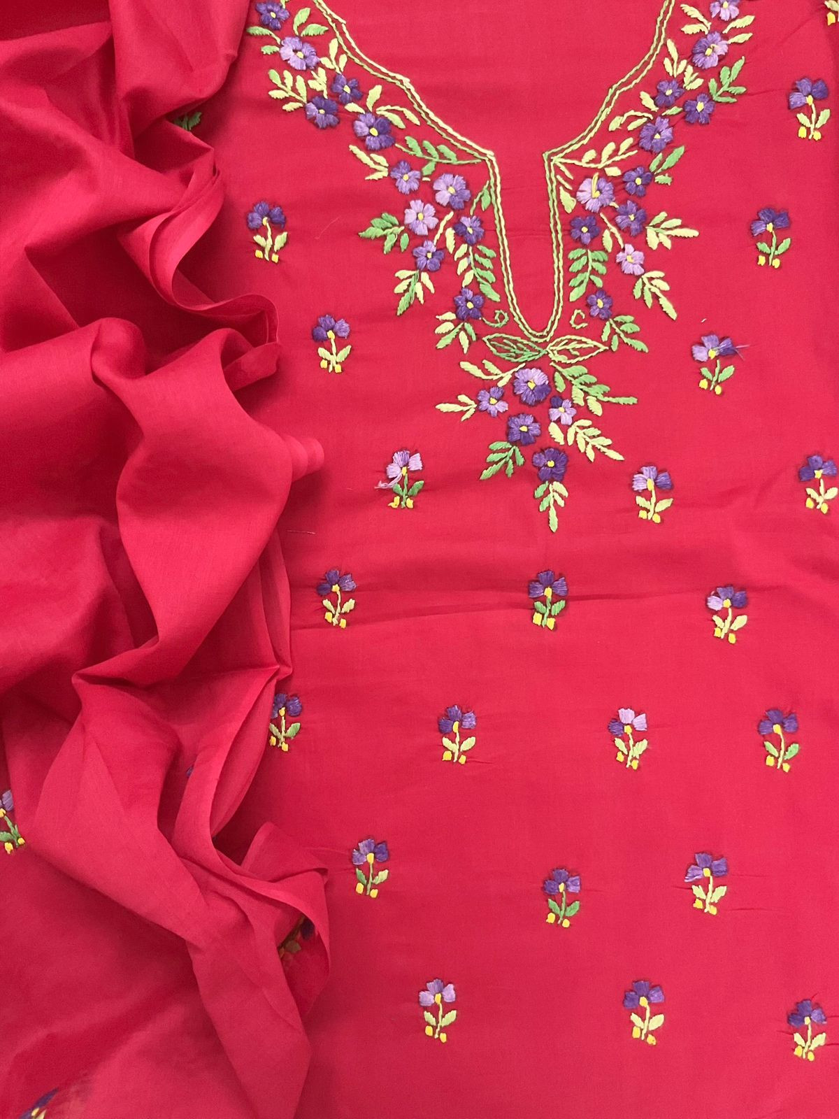Pure Cotton Embroidered Suit - Red