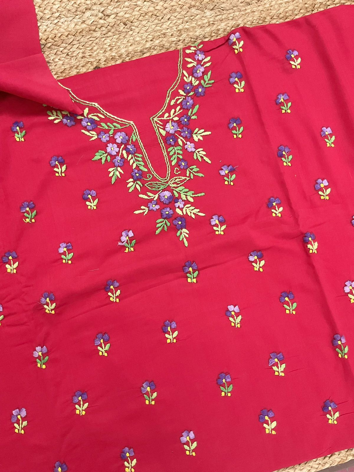 Pure Cotton Embroidered Suit - Red