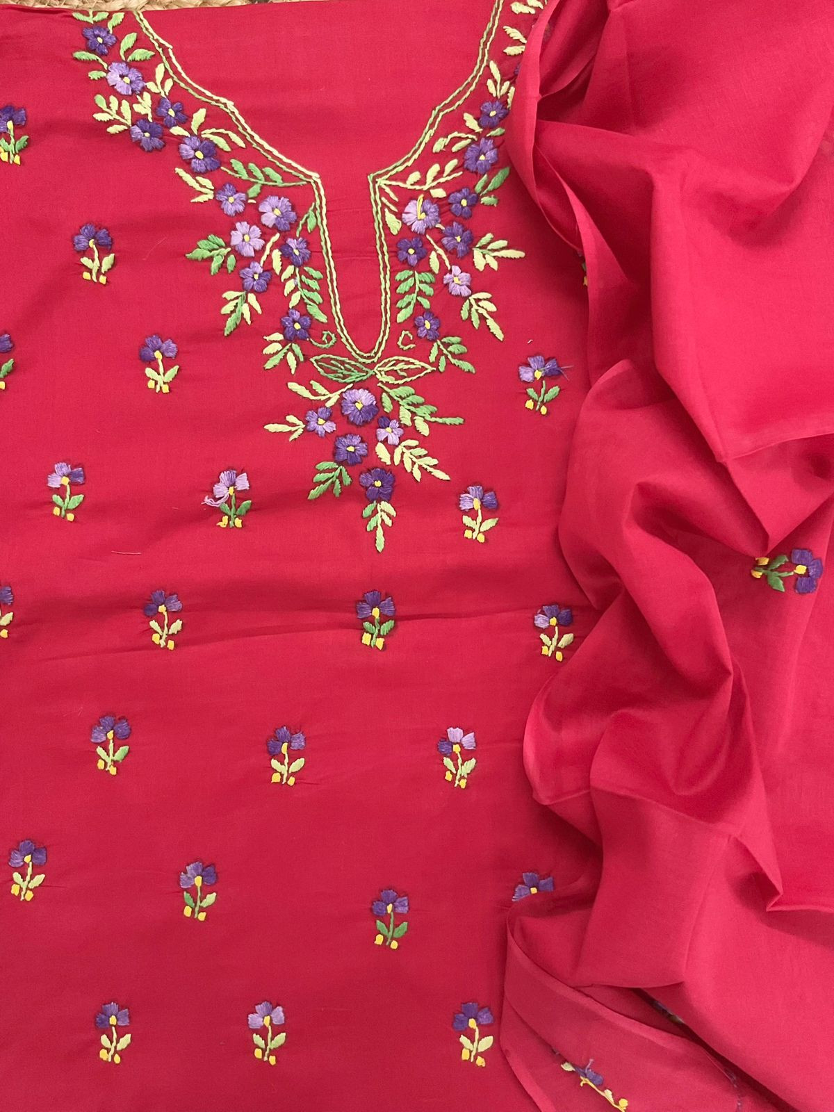 Pure Cotton Embroidered Suit - Red