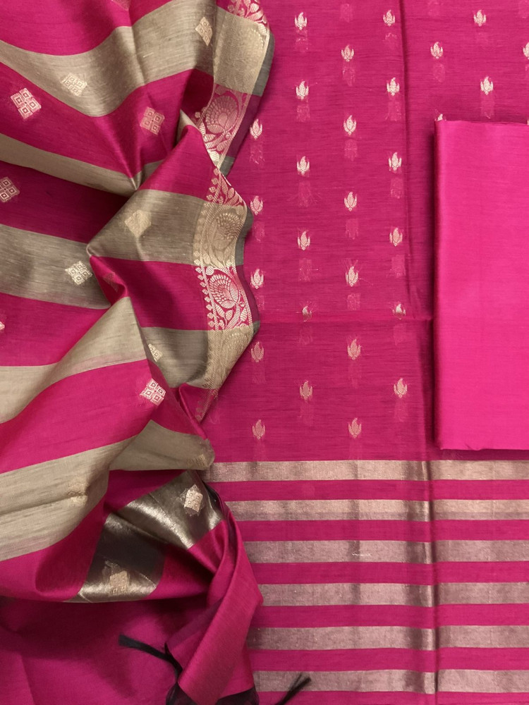 Image of Soft Maheshwari Self Weaved Suit - Pink