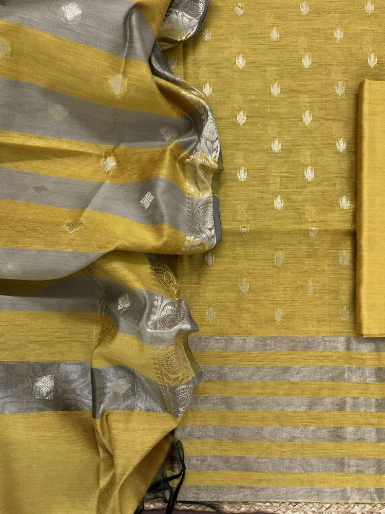 Image of Soft Maheshwari Self Weaved Suit - Yellow
