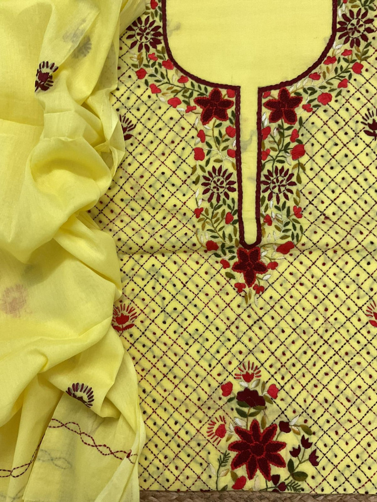 Image of Pure Cotton Embroidered Suit - Yellow