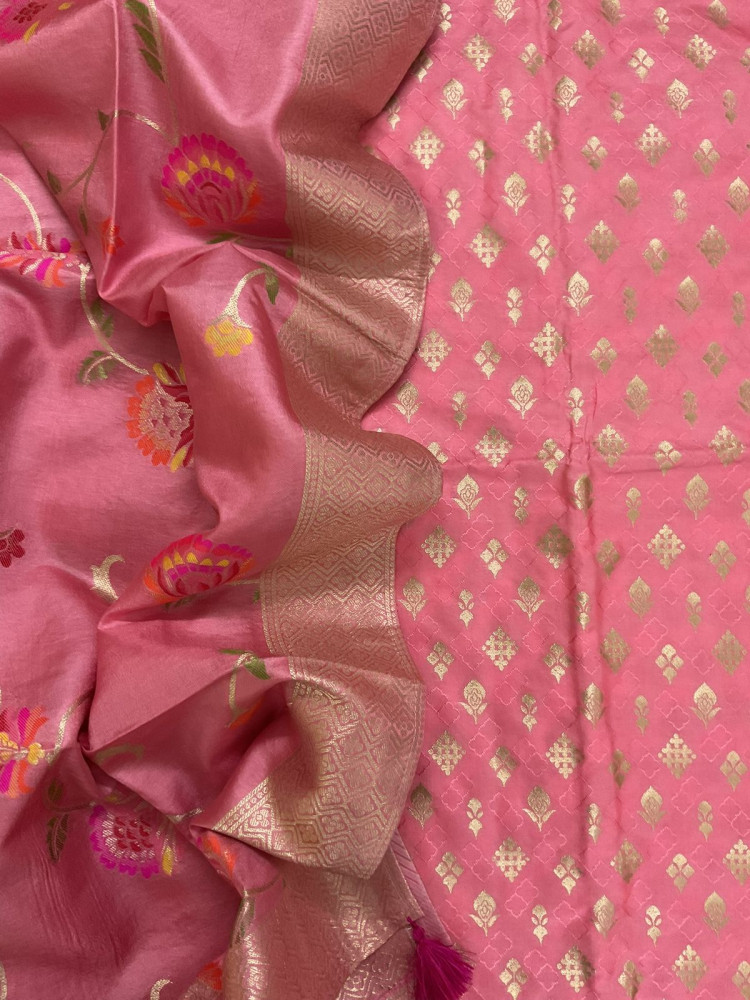 Image of Pure Upada Silk Self Weaved Banarasi Weaved Suit - Pink
