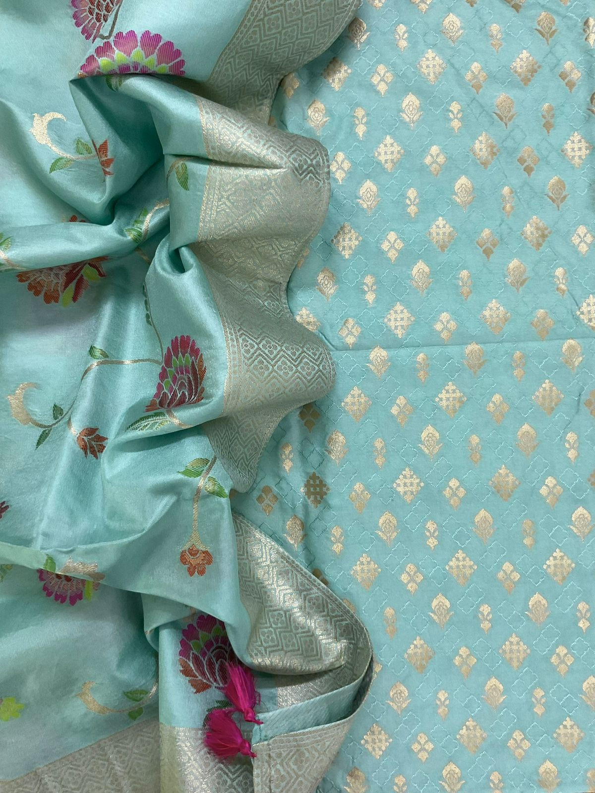 Pure Upada Silk Self Weaved Banarasi Weaved Suit - Sea Blue