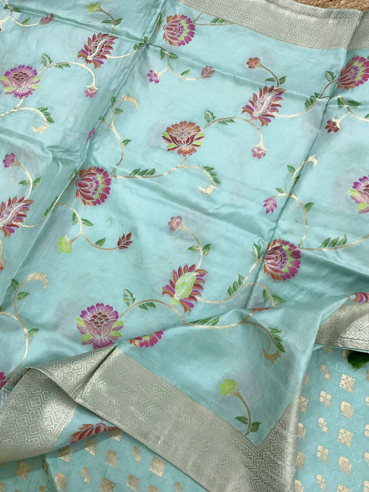 Pure Upada Silk Self Weaved Banarasi Weaved Suit - Sea Blue
