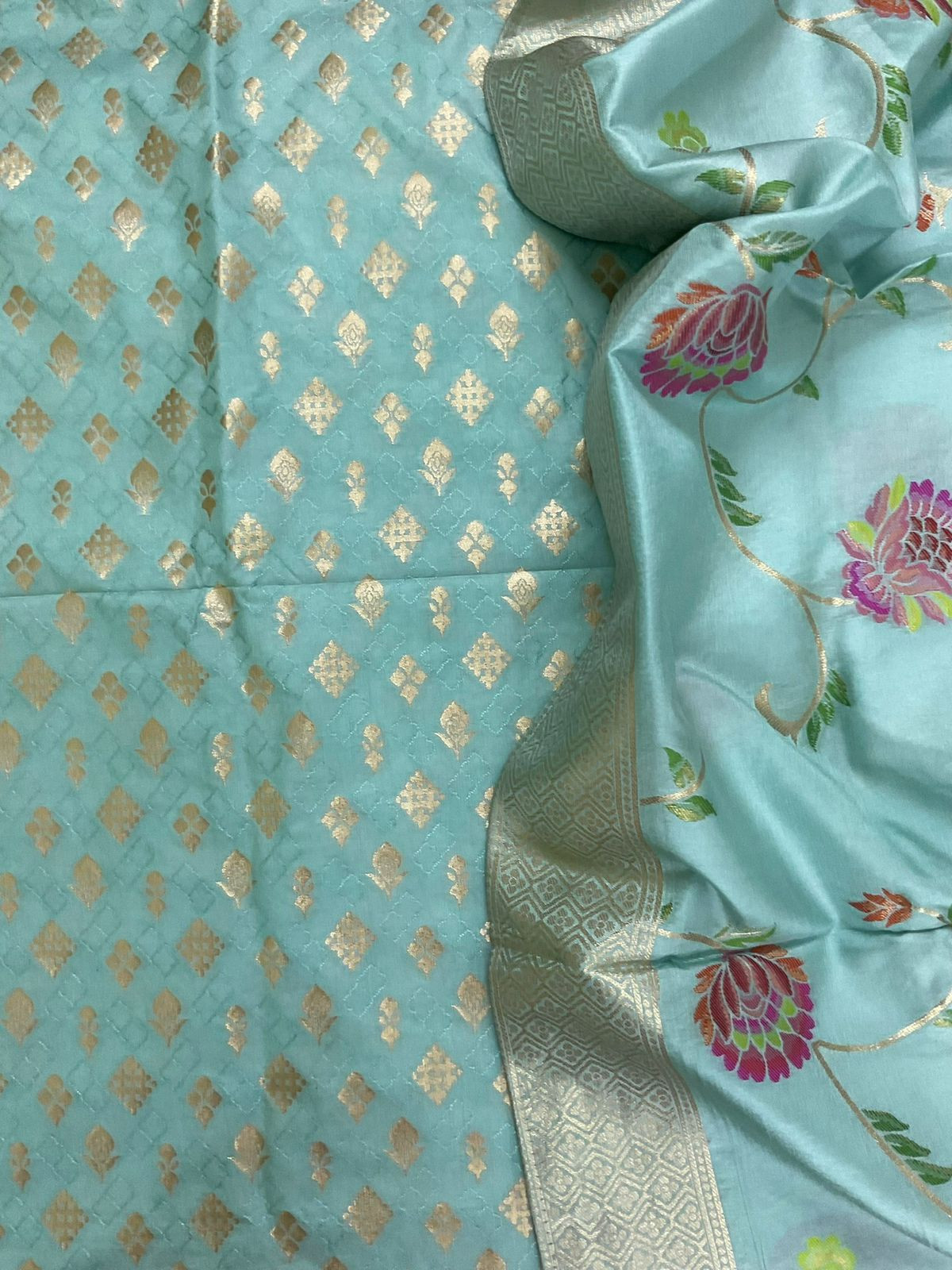 Pure Upada Silk Self Weaved Banarasi Weaved Suit - Sea Blue