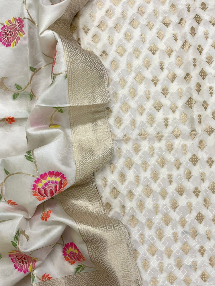 Image of Pure Upada Silk Self Weaved Banarasi Weaved Suit - Off White