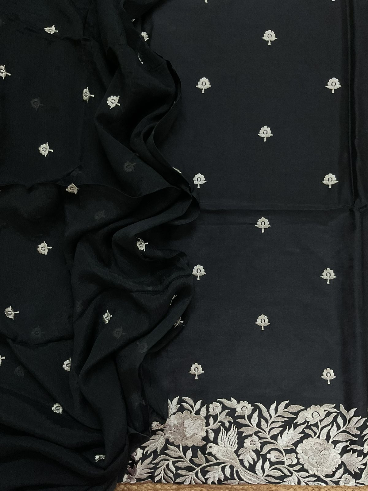 Soft Dola Silk Embroidered Suit - Black