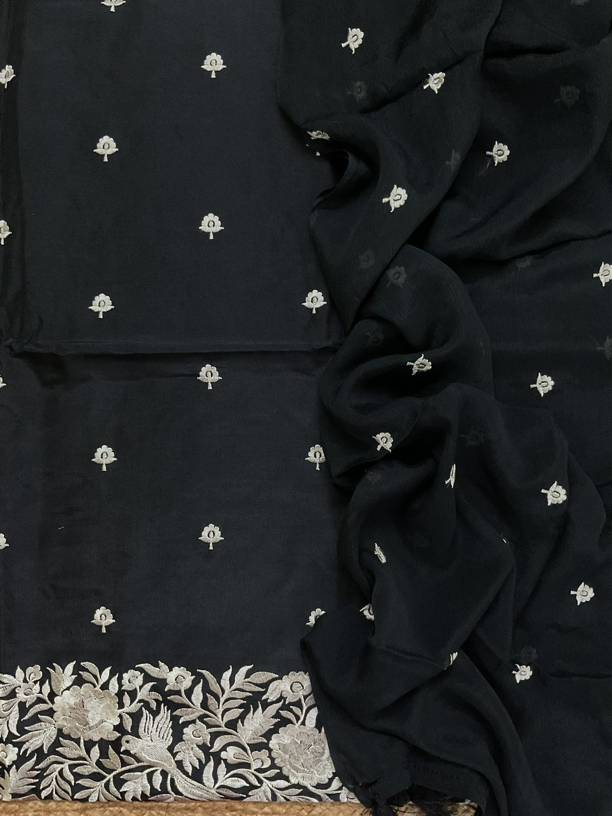 Soft Dola Silk Embroidered Suit - Black