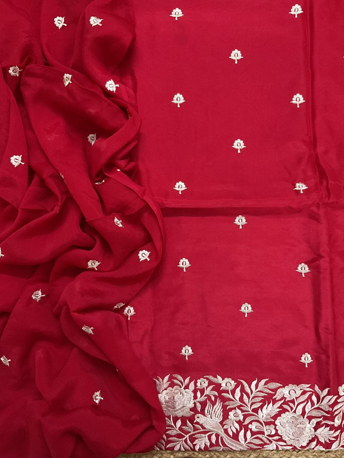 Soft Dola Silk Embroidered Suit - Red