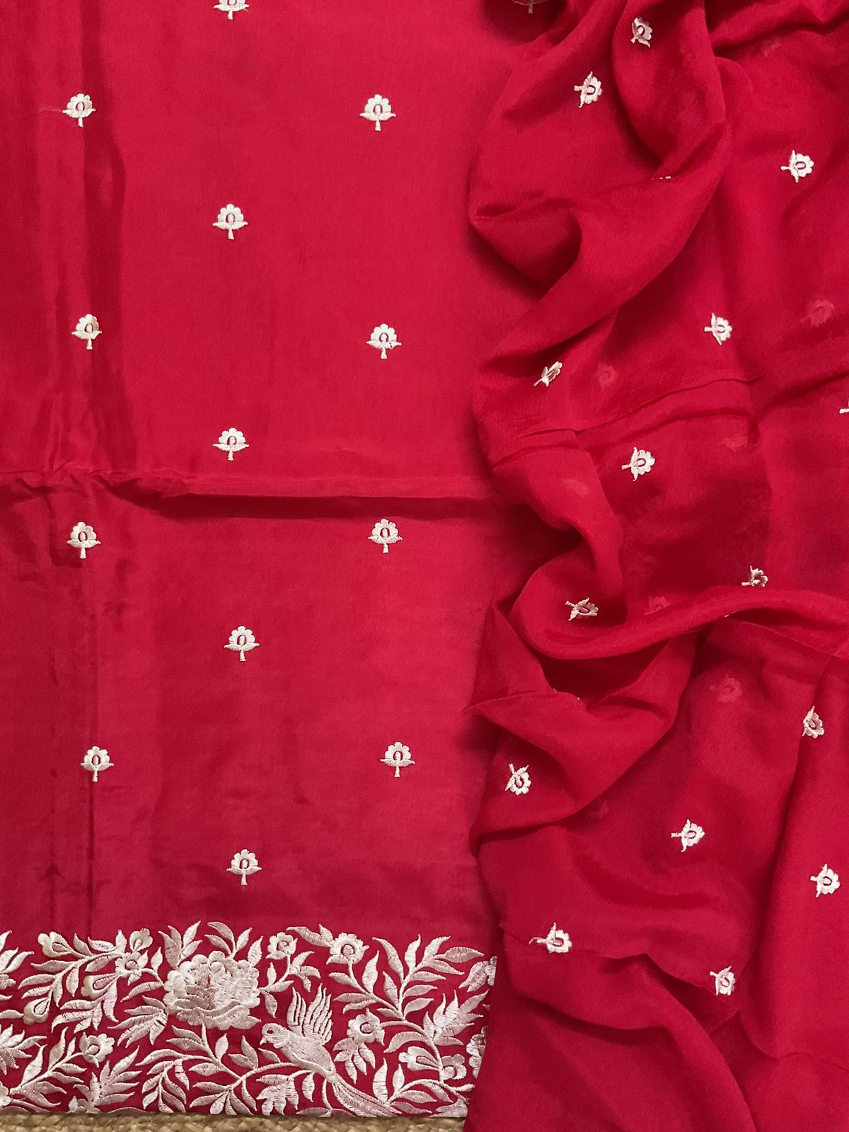 Soft Dola Silk Embroidered Suit - Red