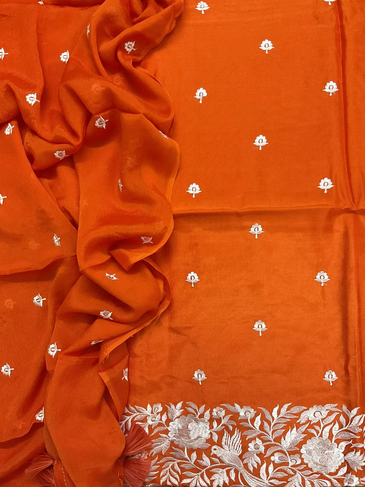 Soft Dola Silk Embroidered Suit - Orange