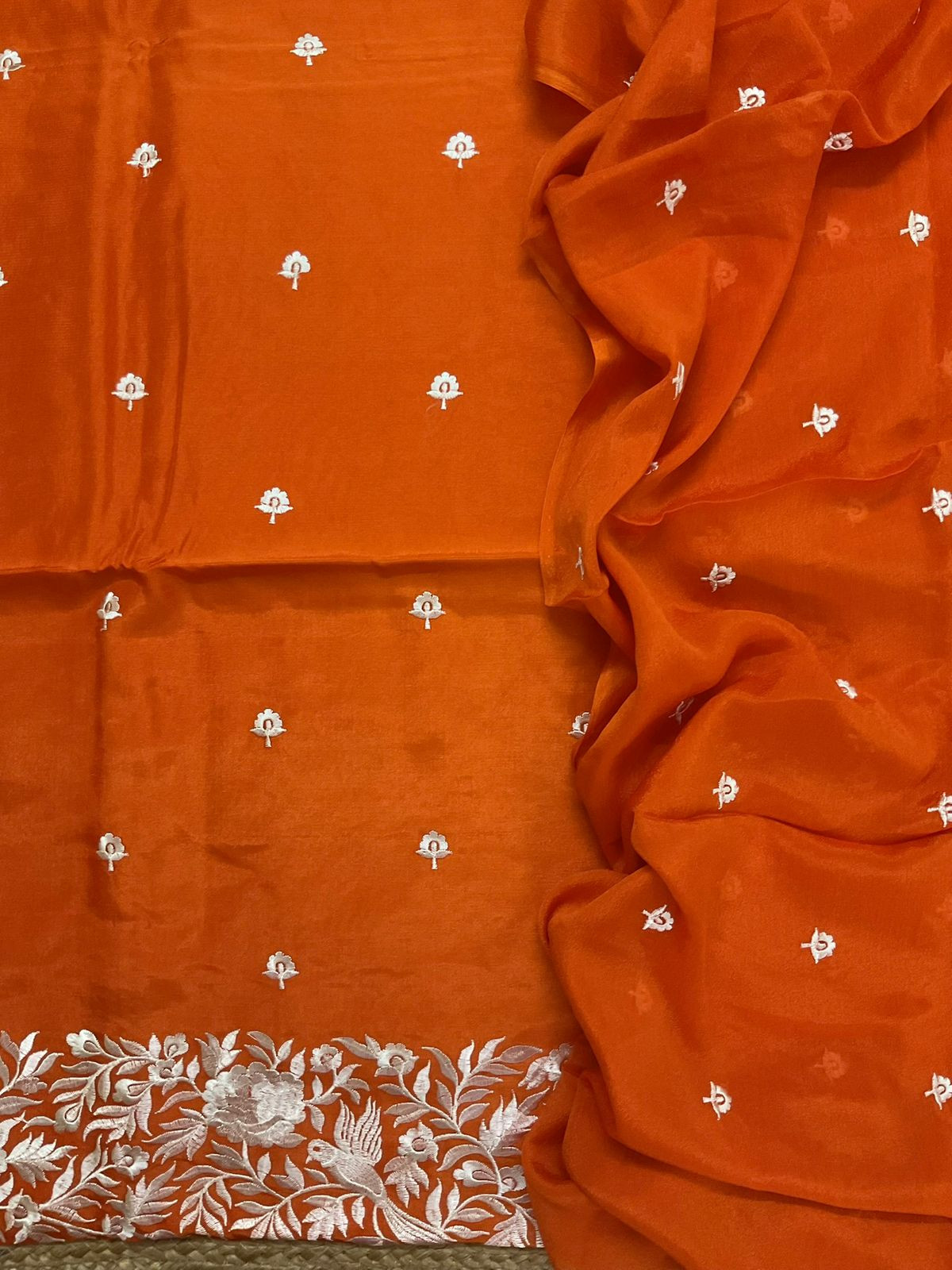 Soft Dola Silk Embroidered Suit - Orange