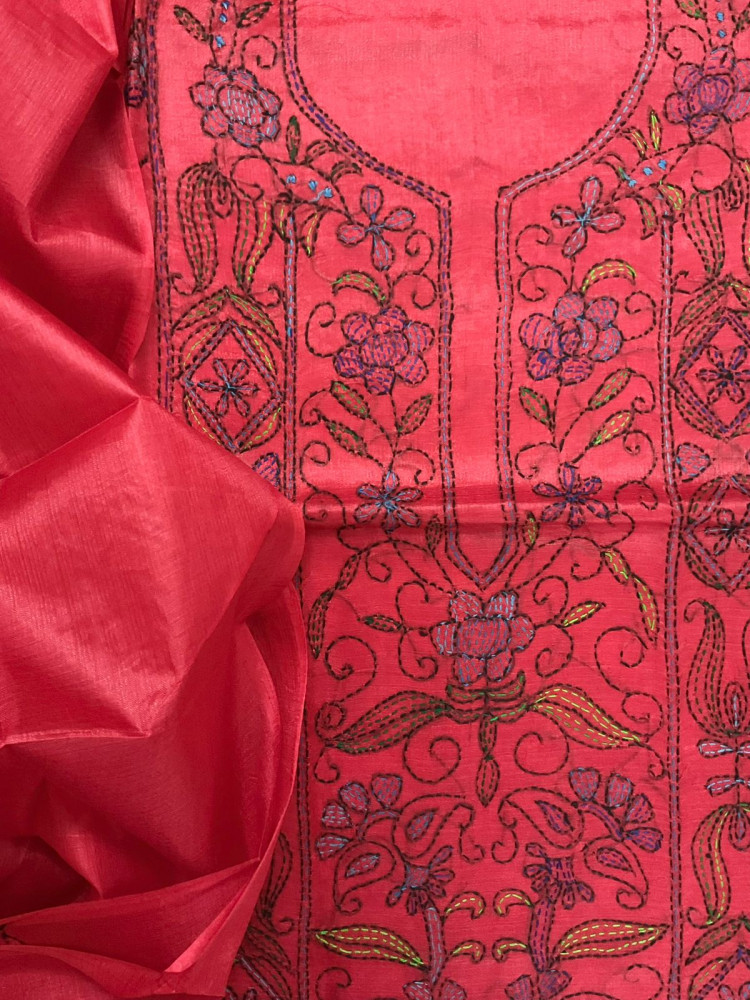 Image of Soft Semi Tussar Silk Embroidered Suit - Red