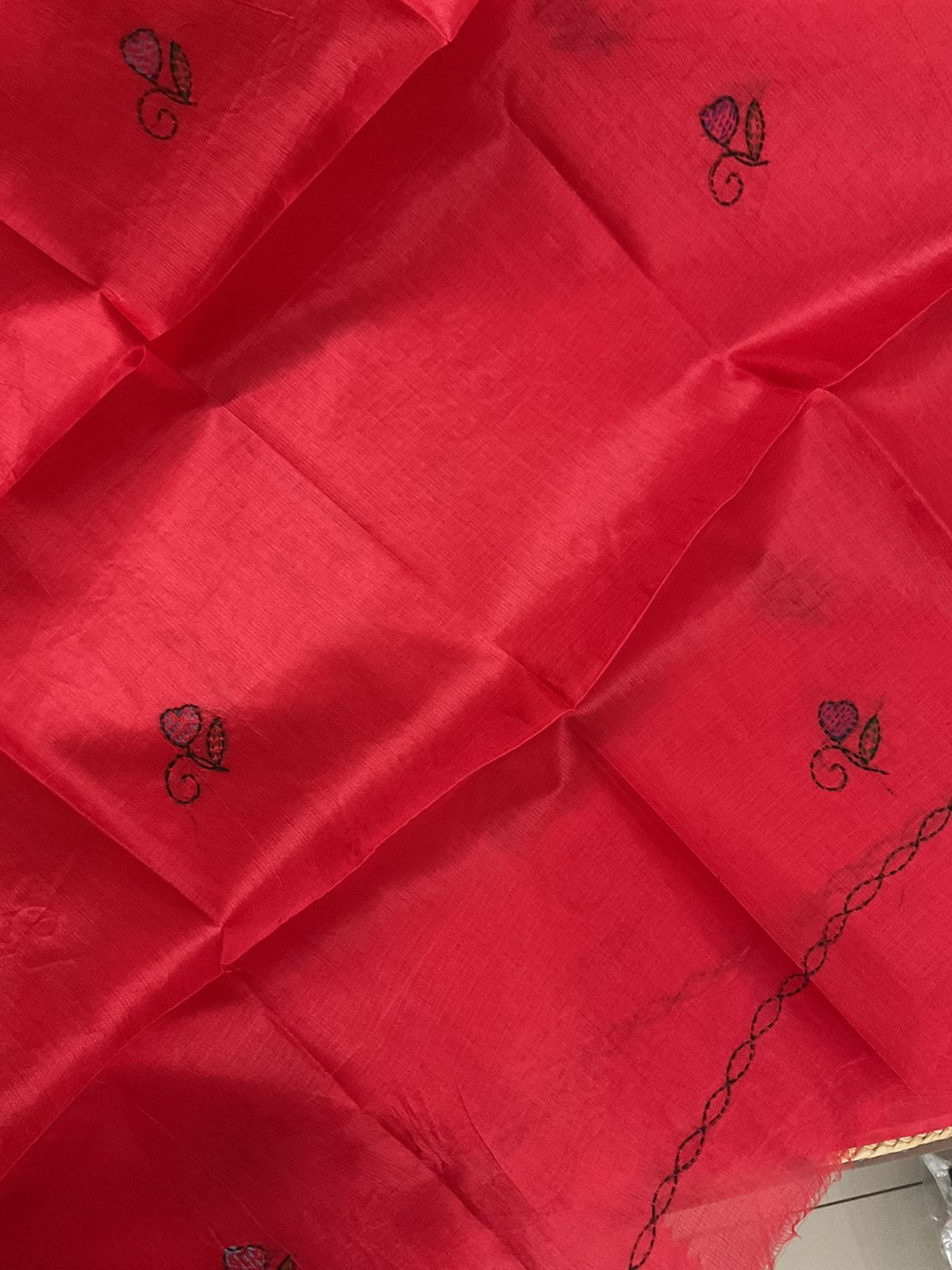 Soft Semi Tussar Silk Embroidered Suit - Red
