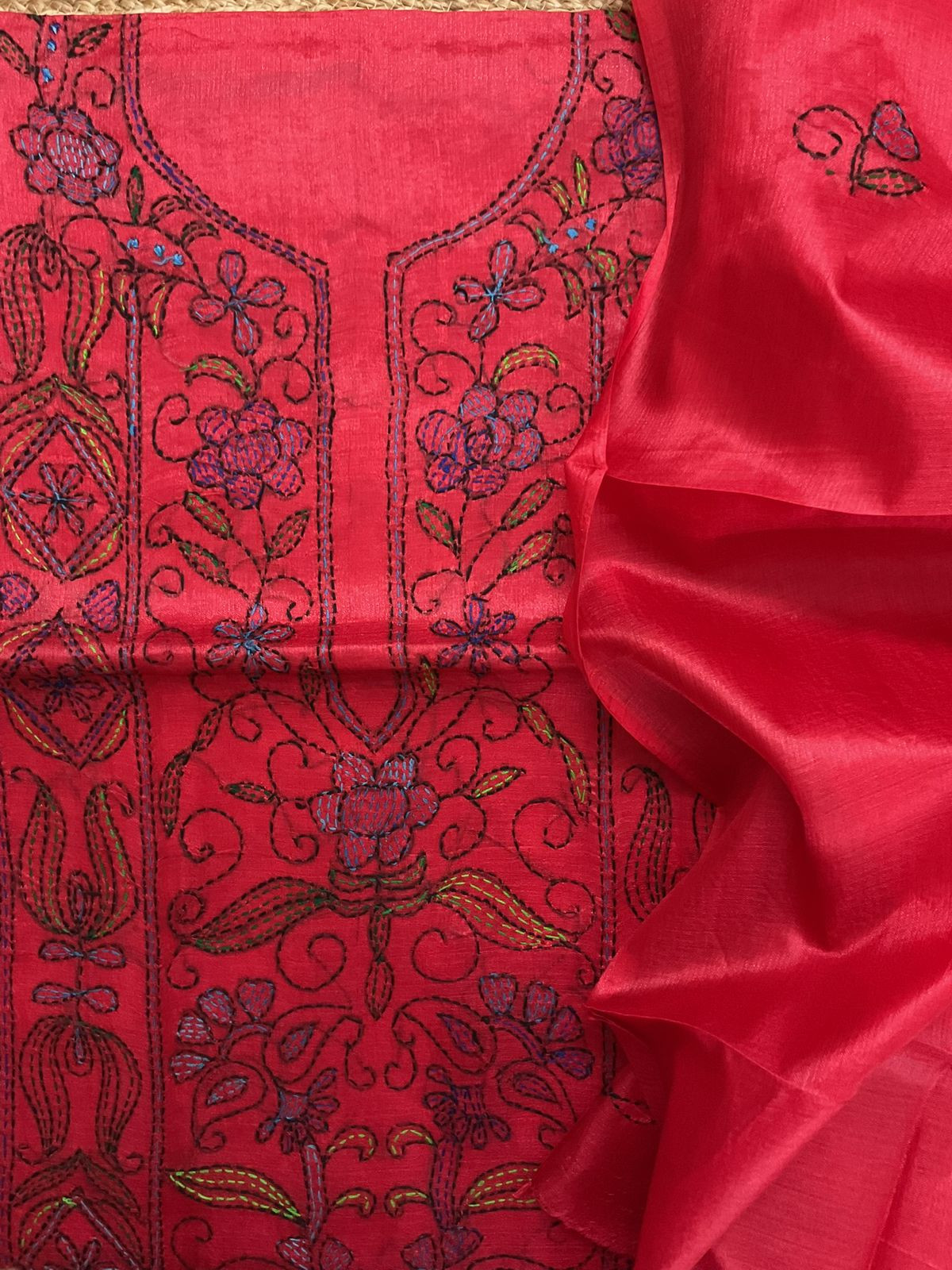Soft Semi Tussar Silk Embroidered Suit - Red