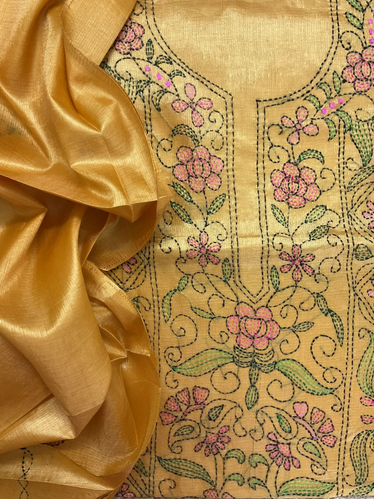 Image of Soft Semi Tussar Silk Embroidered Suit - Yellow