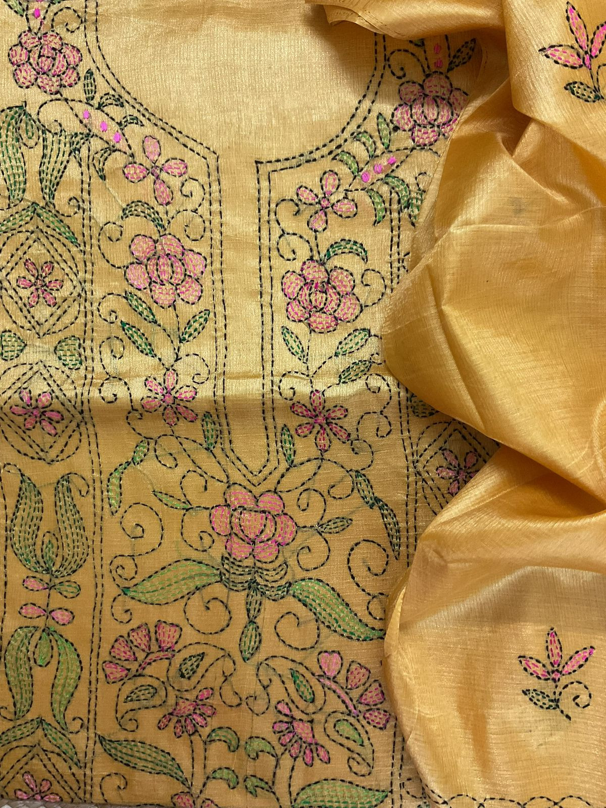 Soft Semi Tussar Silk Embroidered Suit - Yellow