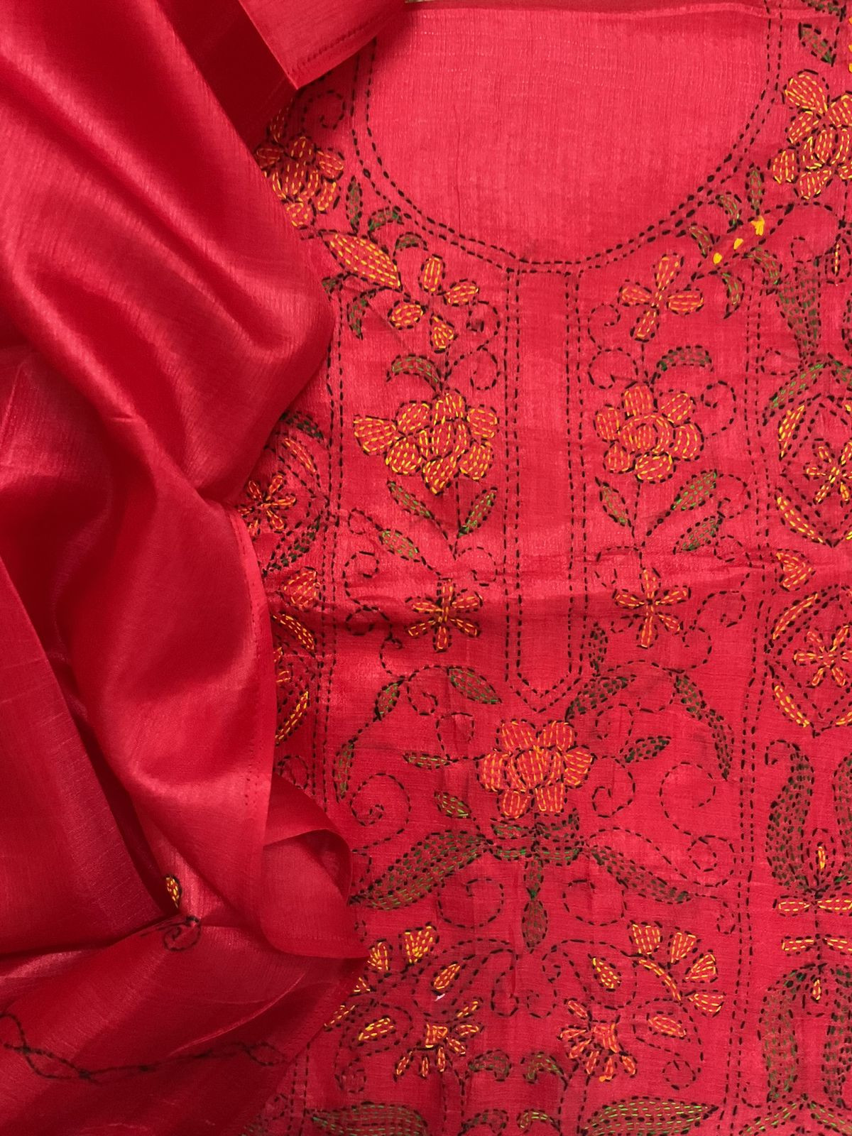 Soft Semi Tussar Silk Embroidered Suit - Red