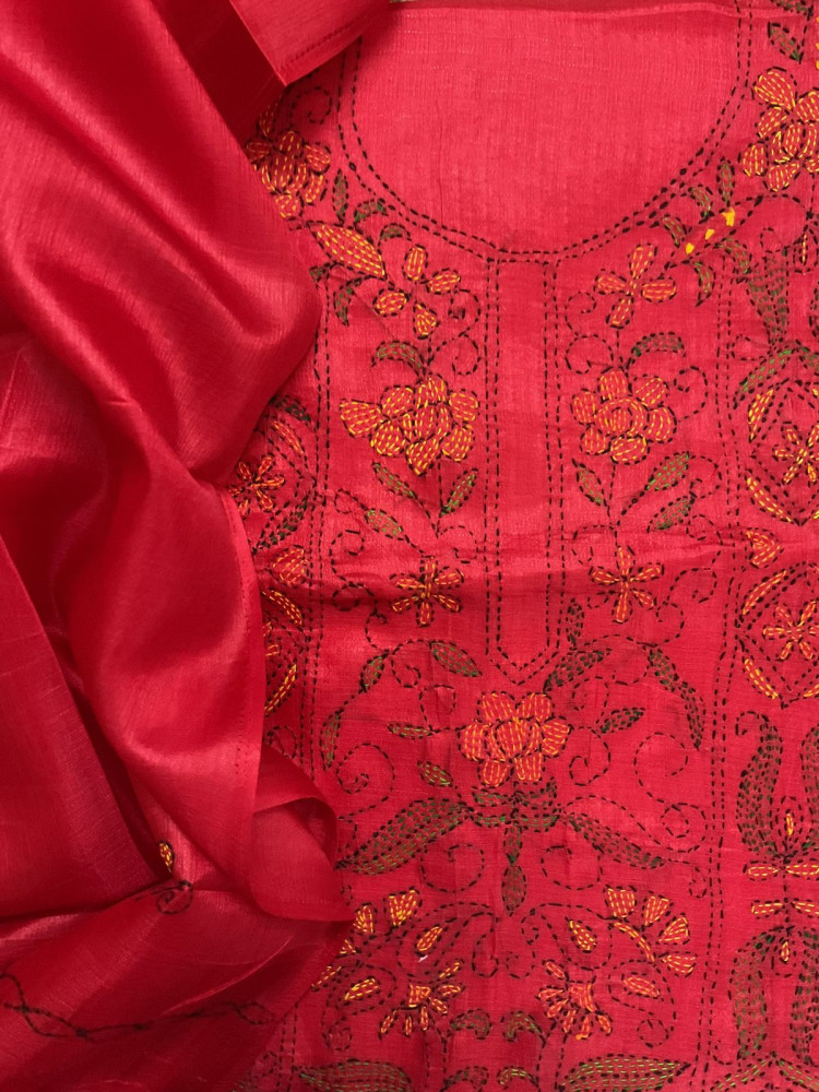 Image of Soft Semi Tussar Silk Embroidered Suit - Red