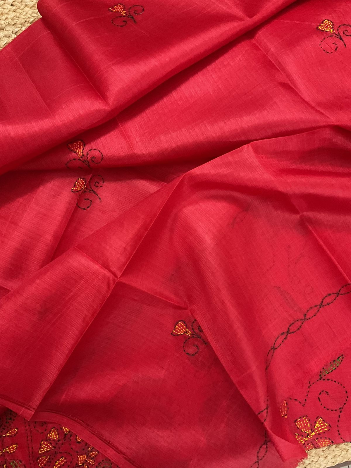 Soft Semi Tussar Silk Embroidered Suit - Red