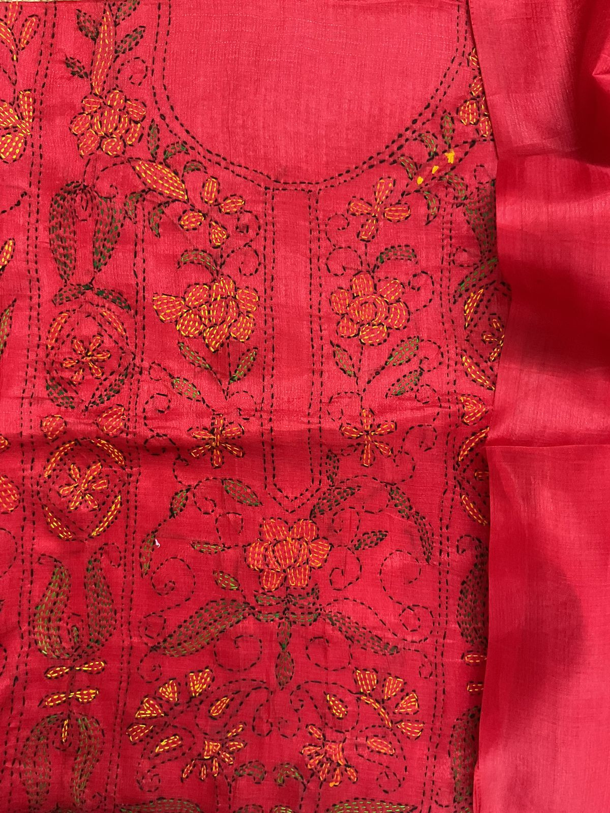 Soft Semi Tussar Silk Embroidered Suit - Red