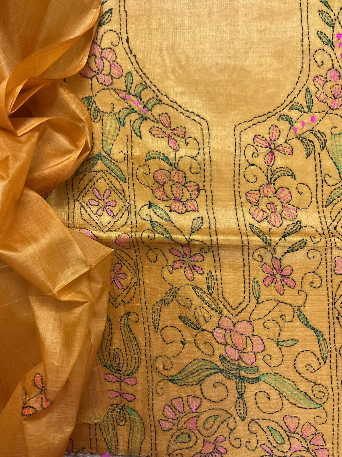 Soft Semi Tussar Silk Embroidered Suit - Yellow
