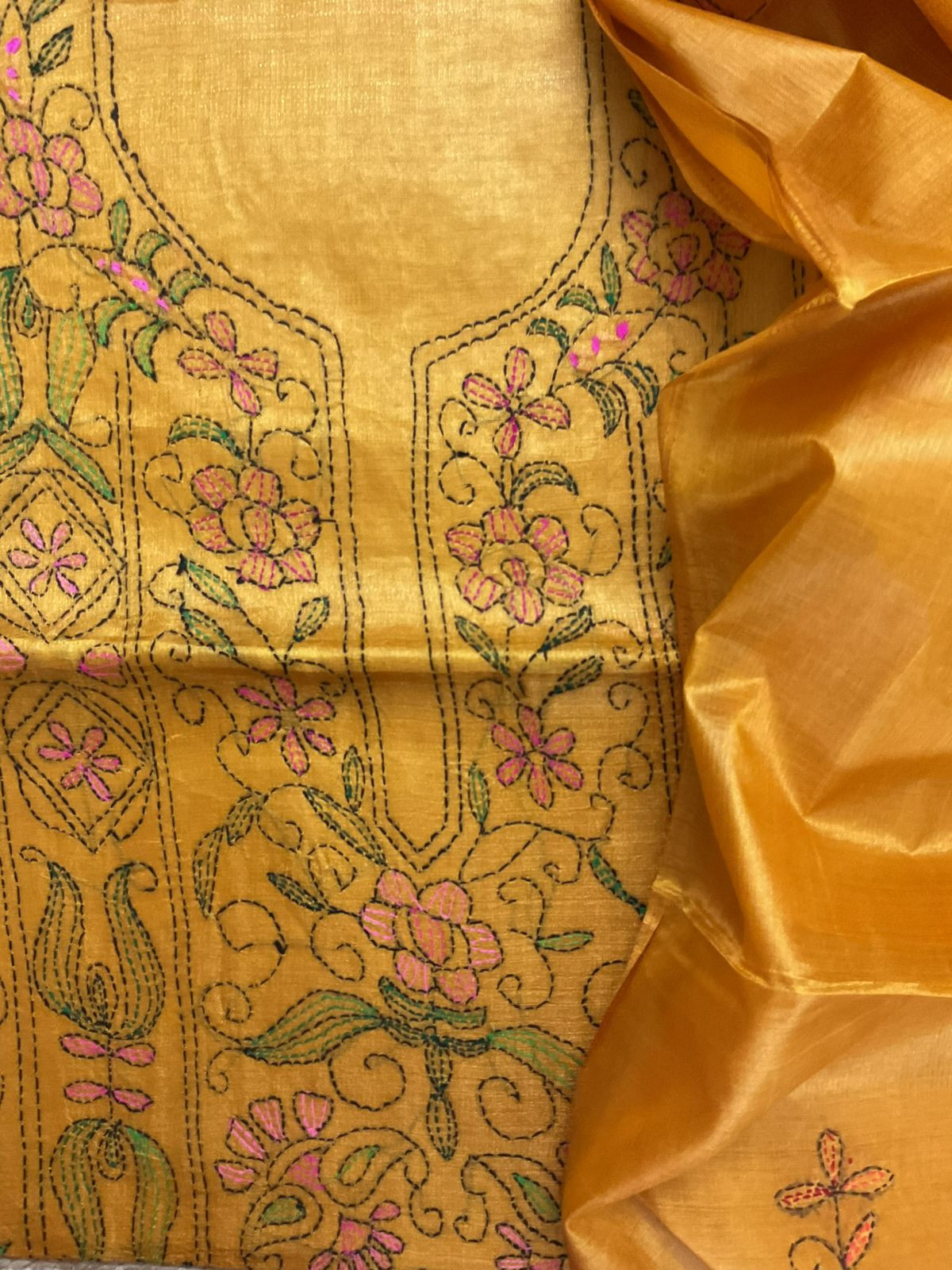 Soft Semi Tussar Silk Embroidered Suit - Yellow