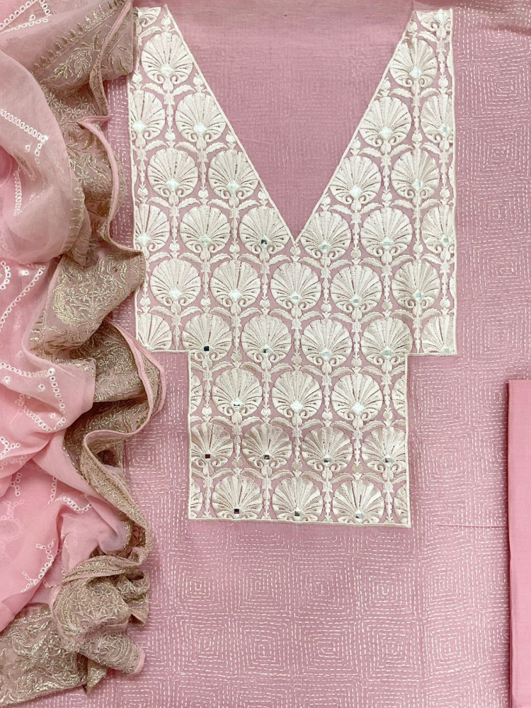 Image of Pure Chanderi Block Printed Embroidered Suit - Pink