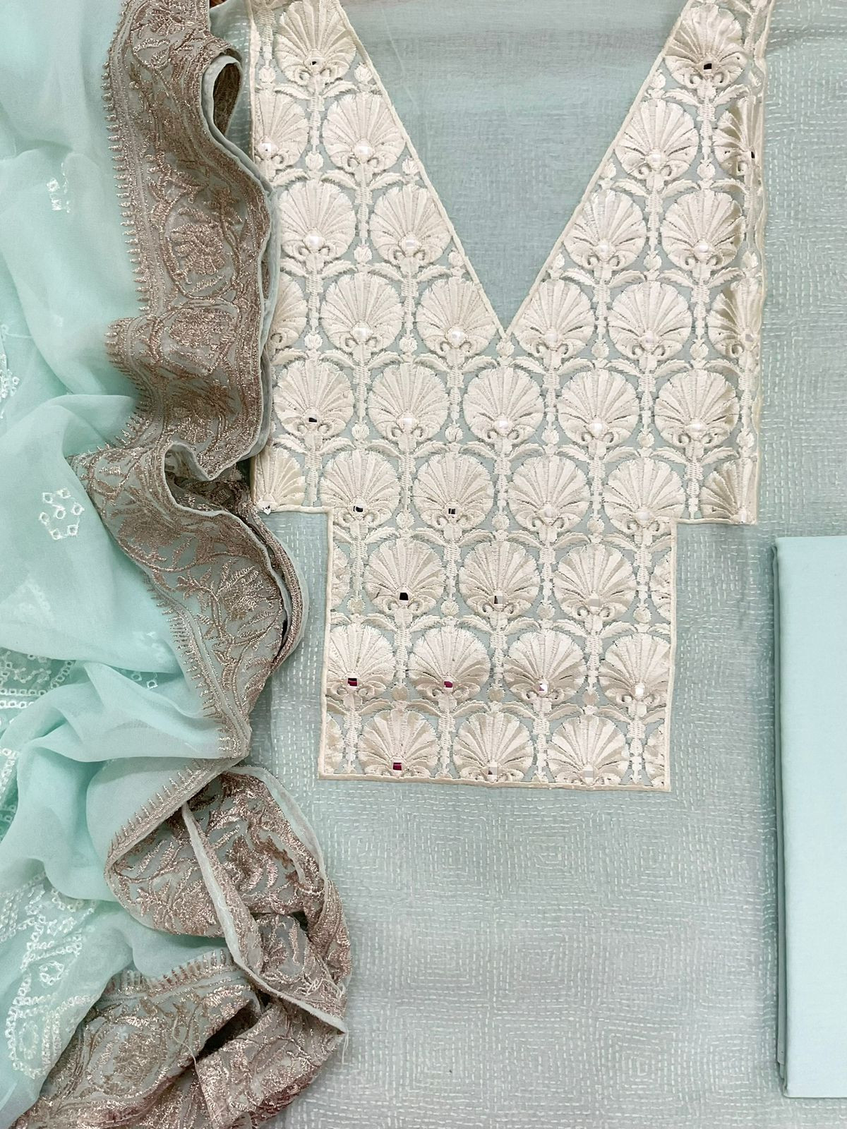 Pure Chanderi Block Printed Embroidered Suit - Blue