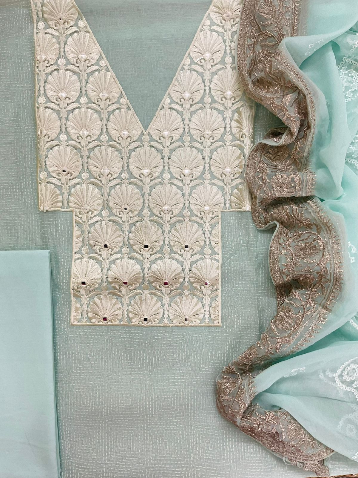 Pure Chanderi Block Printed Embroidered Suit - Blue