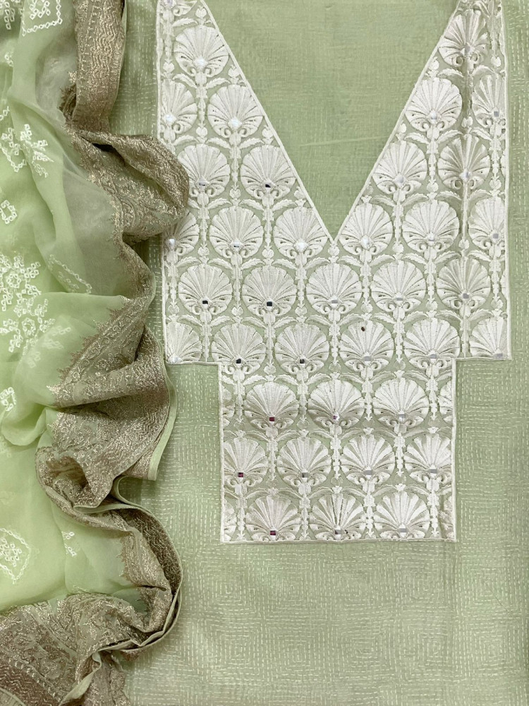 Image of Pure Chanderi Block Printed Embroidered Suit - Green
