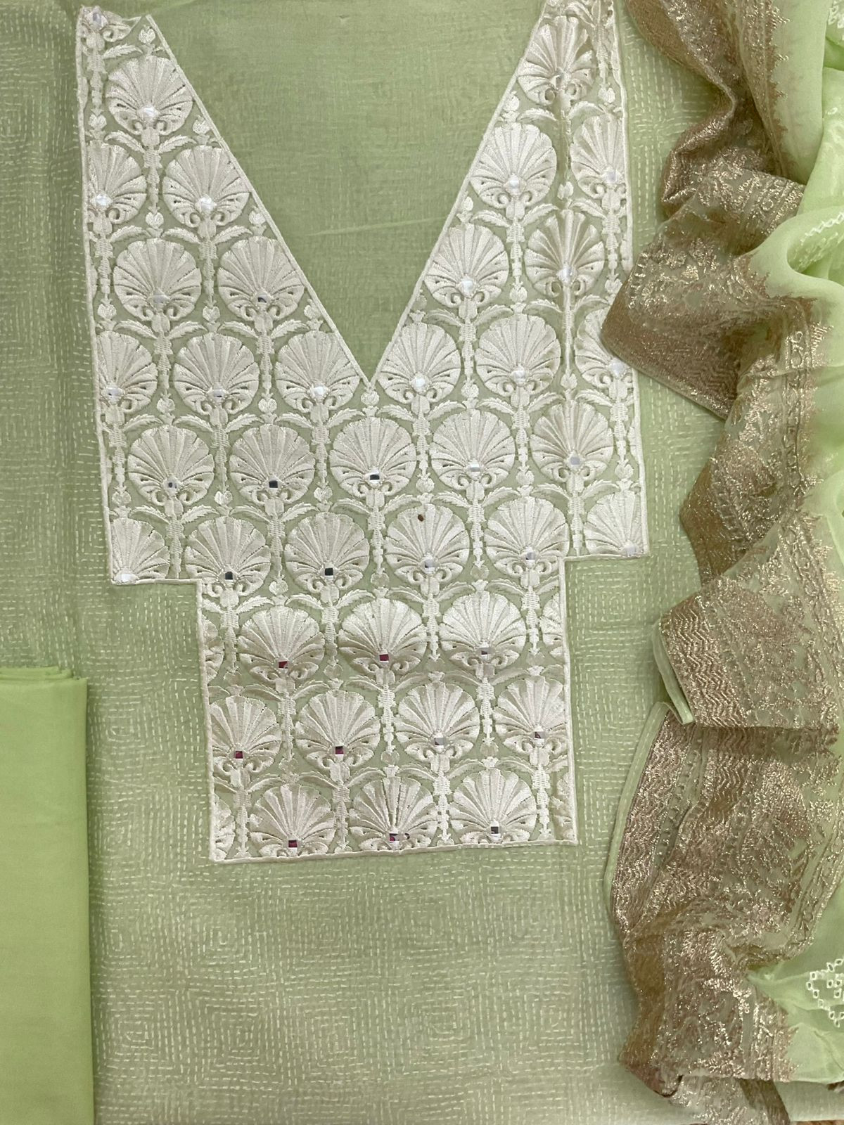Pure Chanderi Block Printed Embroidered Suit - Green