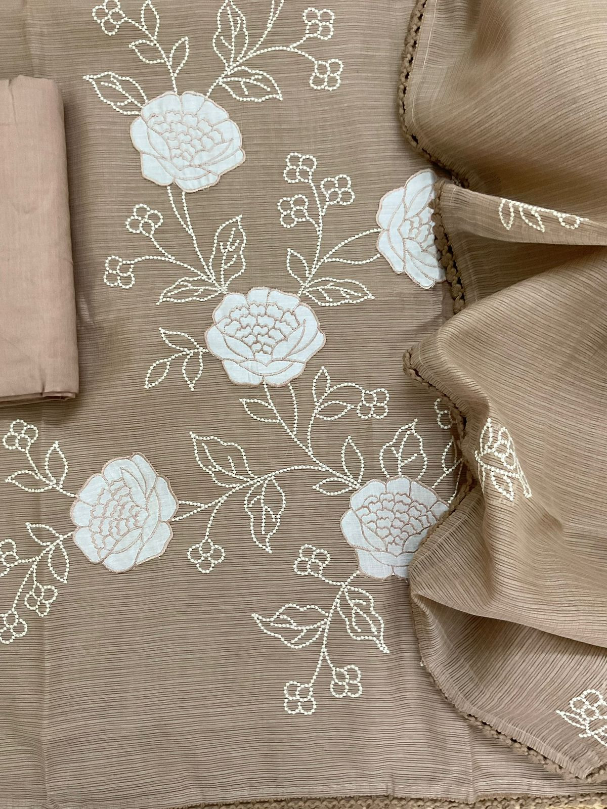 Soft Kota Silk Embroidered Suit - Brown