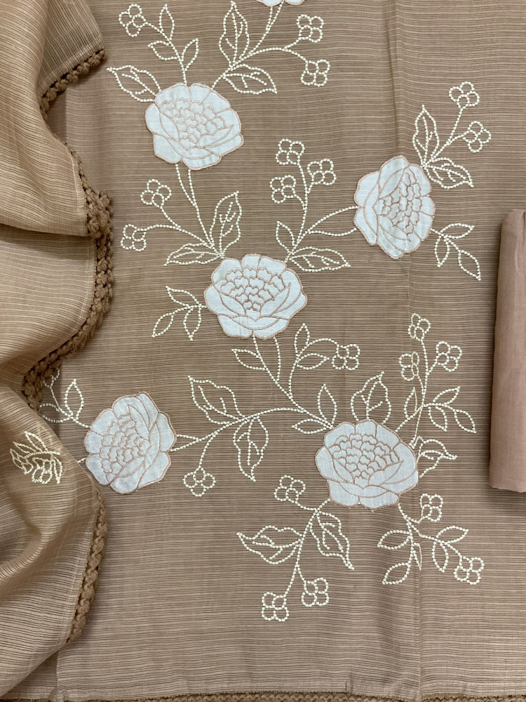 Image of Soft Kota Silk Embroidered Suit - Brown